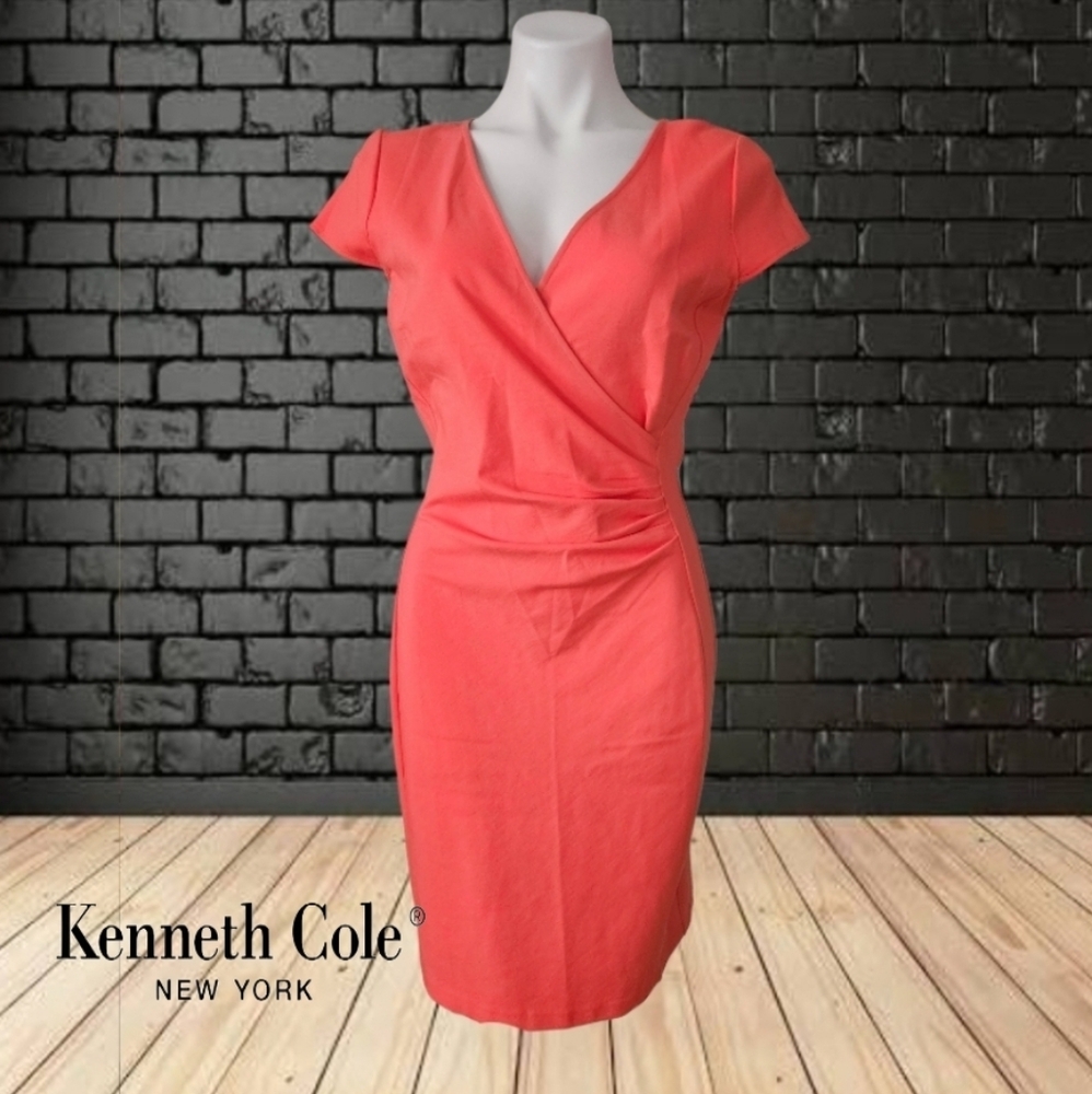Kenneth Cole hot coral faux wrap sheath dress size Large